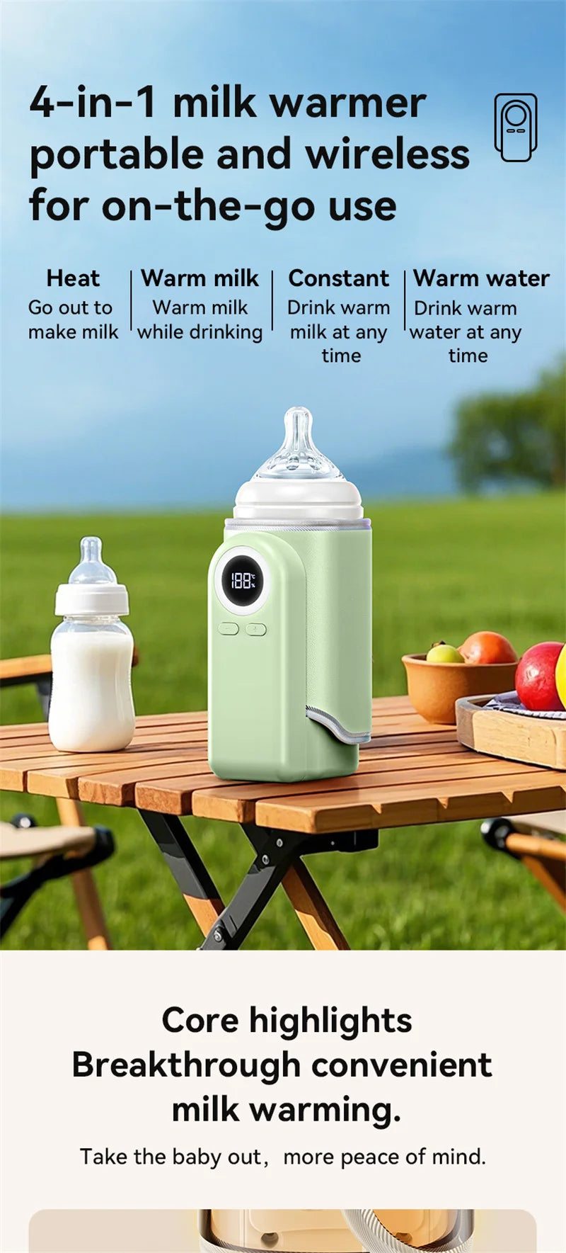 Bottle Warmer 4 in 1 Fast Heating Baby Milk Warmer with Accurate Temperature Display USB Charging Portable Wireless Milk Warming