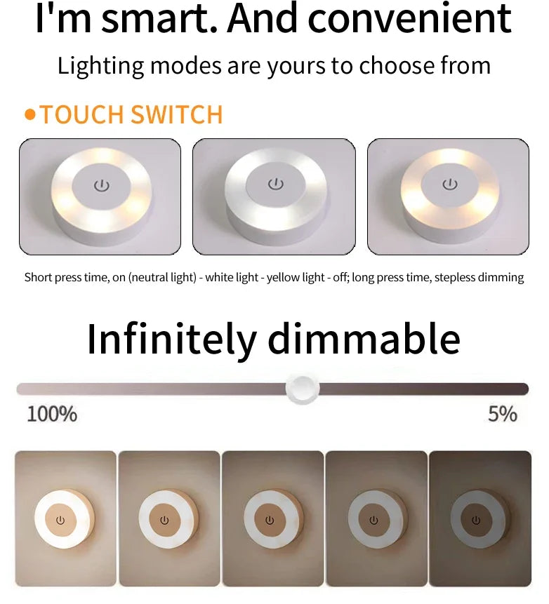 LED Night Light USB Rechargeable Night Lamp 3 Color Dimmable Wall Lamp Wireless Bedroom Kitchen Cabinet Wardrobe Staircase Lamp