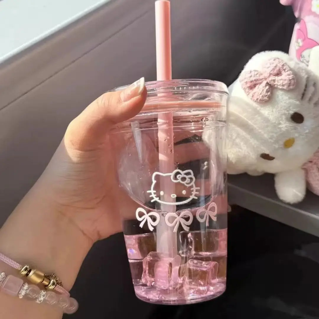 Sanrio Hello Kitty Pink Straw Cup KT Cat Large-Capacity Transparent Plastic Water Cup Plastic Student Portable Cup Birthday Gift