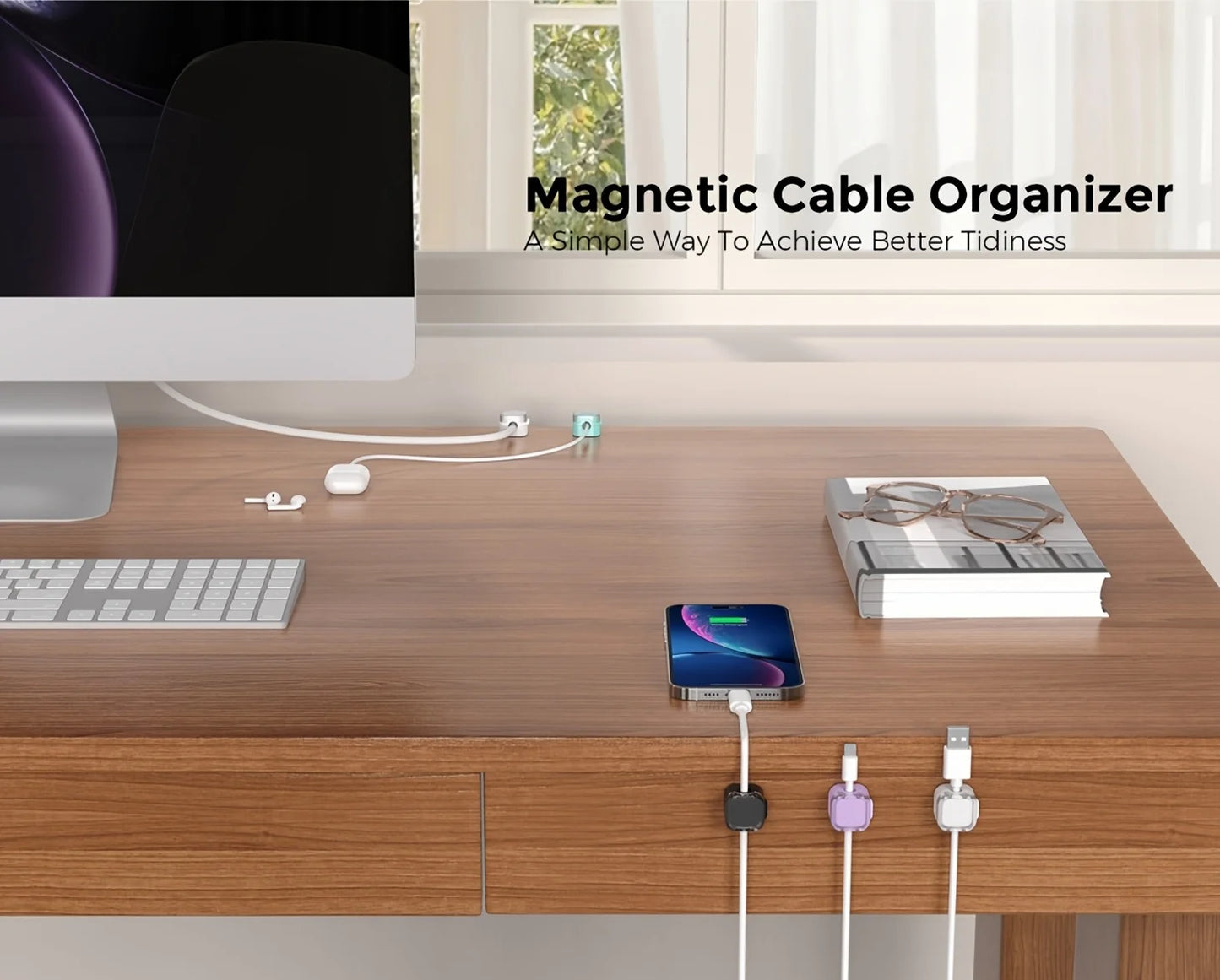 [Magnetic Cable Clips] 6-Pack Magnetic Cable Clips | Adjustable Adhesive Cord Holders, Strong Magnetic & Adhesive Base
