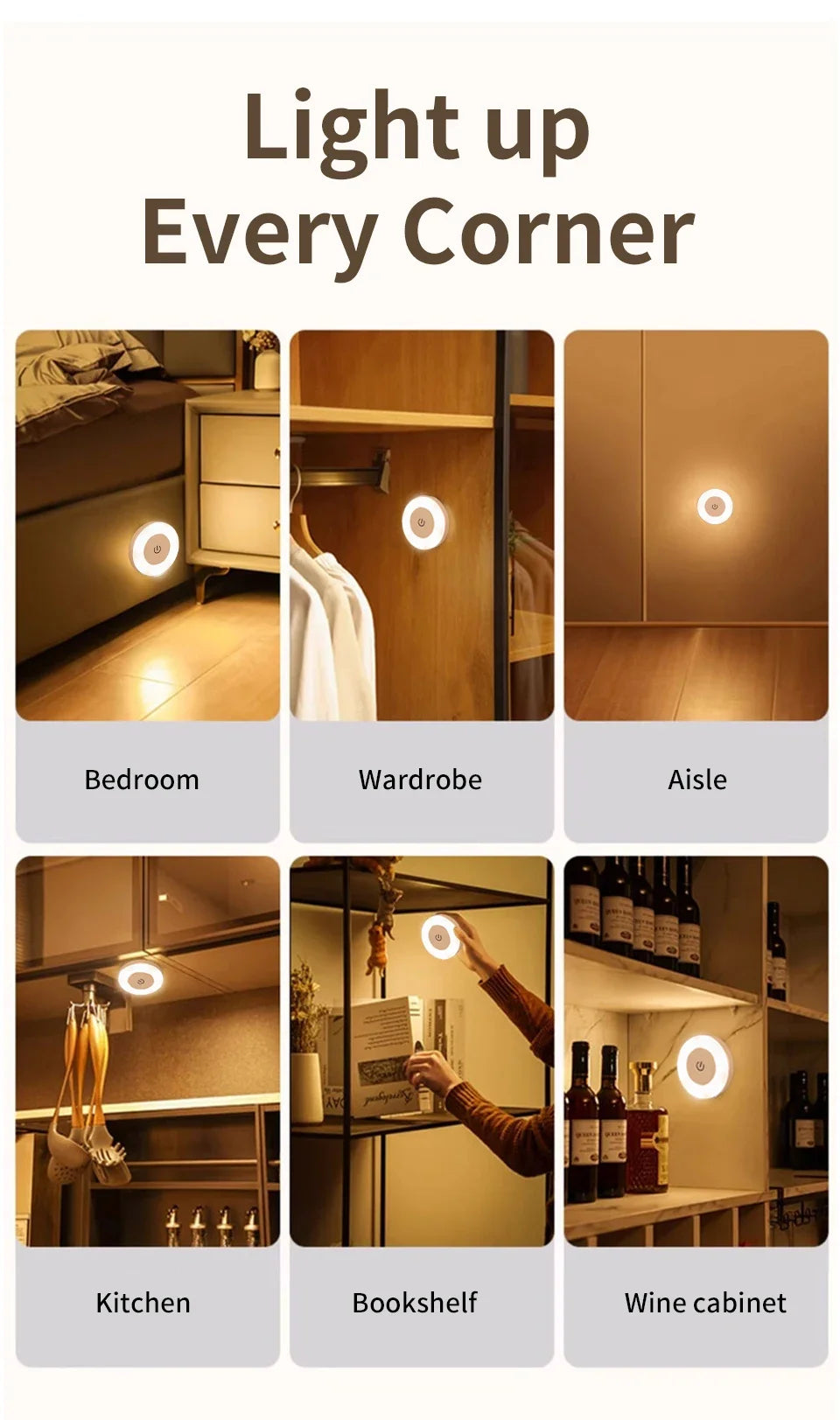 LED Night Light USB Rechargeable Night Lamp 3 Color Dimmable Wall Lamp Wireless Bedroom Kitchen Cabinet Wardrobe Staircase Lamp