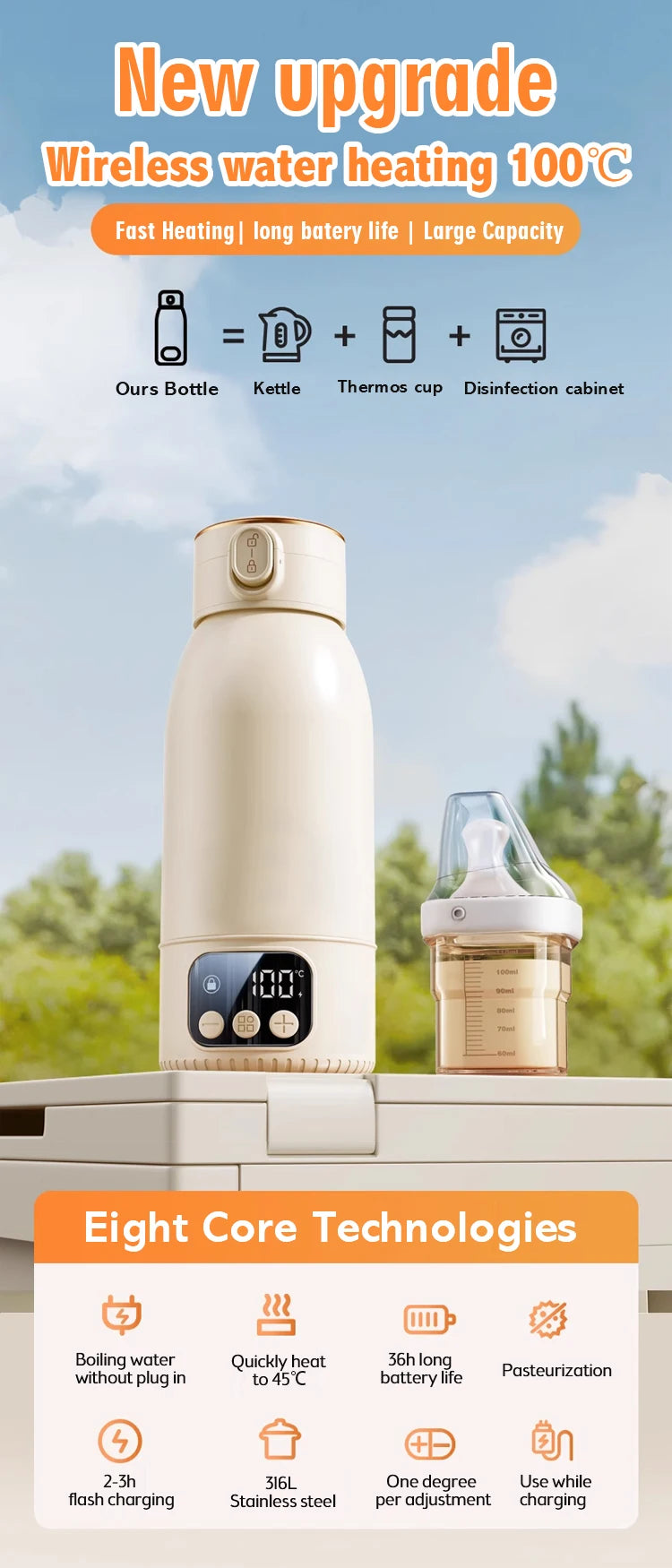 2025 New Upgrade Wireless Boiling Water Fast Heating Baby Bottle Warmer Travel  Baby Milk Bottle Warmer Portable Milk Warmer