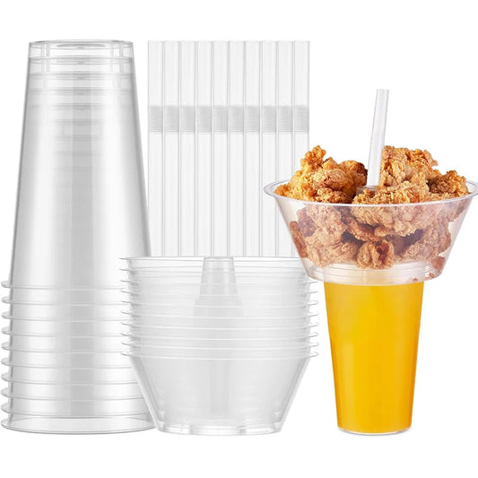 Snack and Drink Cup Set Transparent PP Plastic Cylindrical Snack Bowl with Straws Ideal for Snack, Fruit, Beverage, Outdoor Use