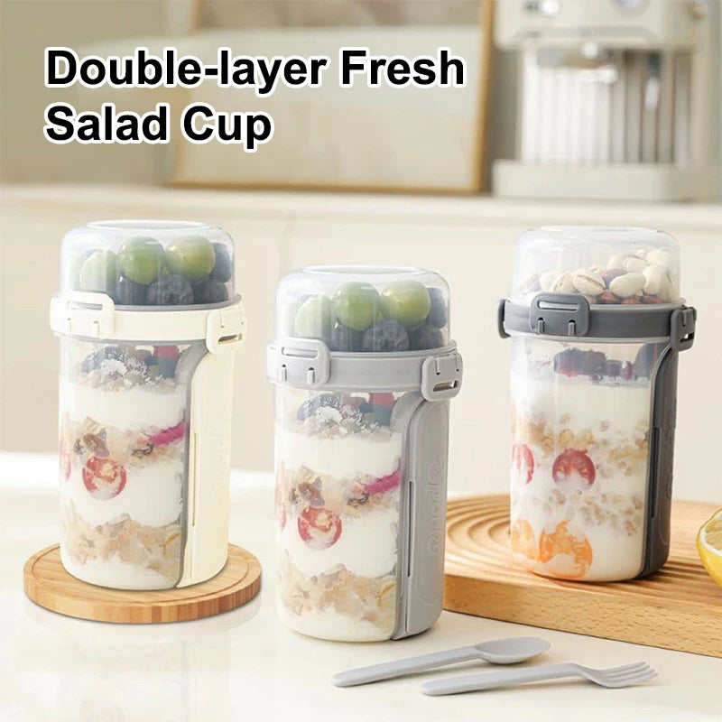 ❤Salad Cup Portable Light Meal Cup, Vegetable Snack Fresh-Keeping Double-Layer Cup With Fork And Spoon Yogurt Cup