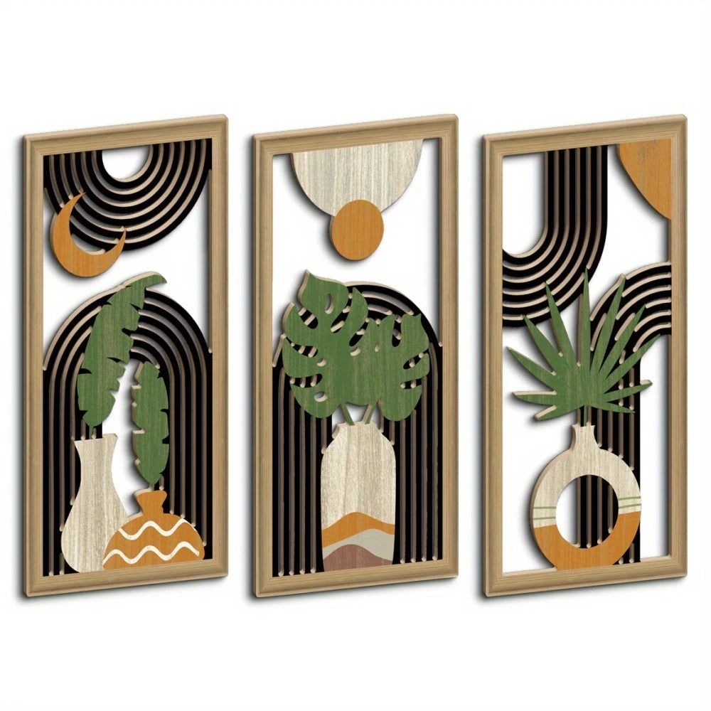 3pcs 40cmX20cmBoho style Hollow Wood Retro Rustic Leaf Pattern Wall Hanging Art Living Room Bedroom Wall Hanging Home Decoration