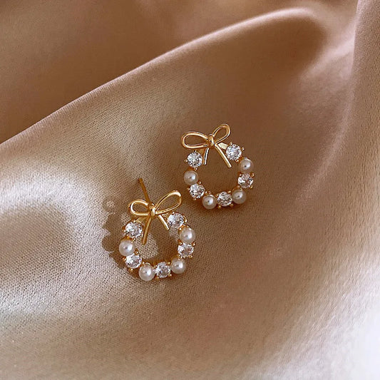 Pearl Crystal Bow Stud Earring
