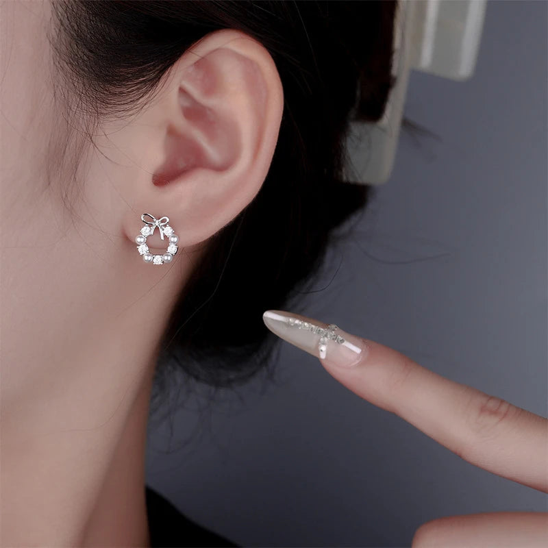 Pearl Crystal Bow Stud Earring