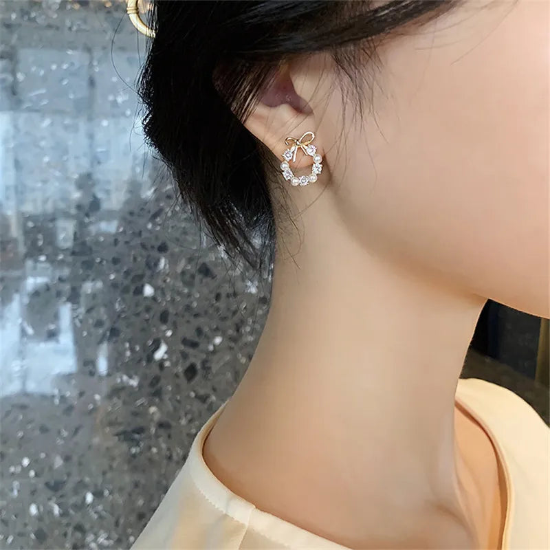 Pearl Crystal Bow Stud Earring