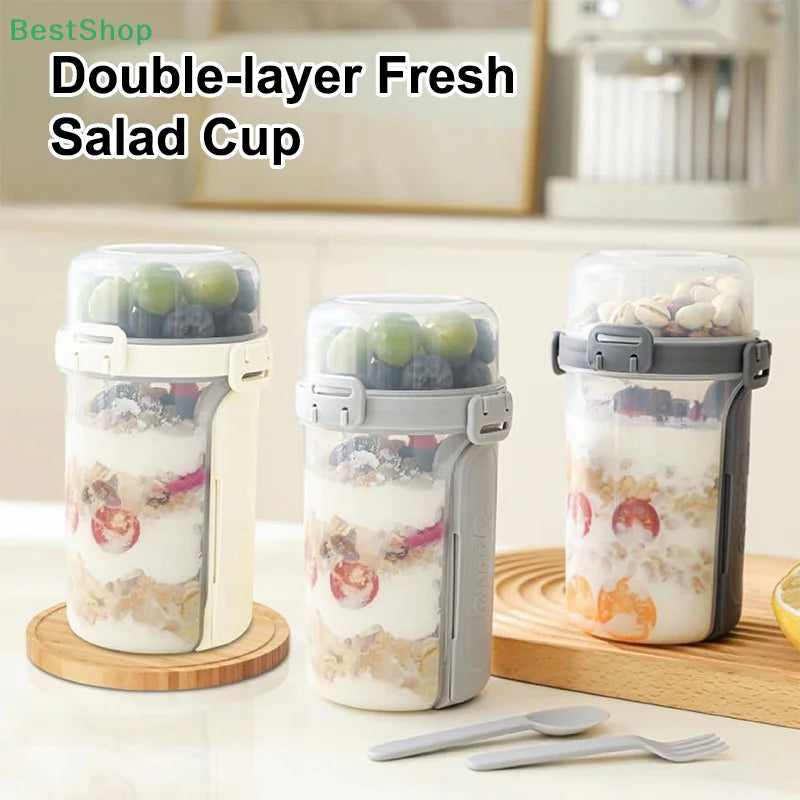 ❤Salad Cup Portable Light Meal Cup, Vegetable Snack Fresh-Keeping Double-Layer Cup With Fork And Spoon Yogurt Cup