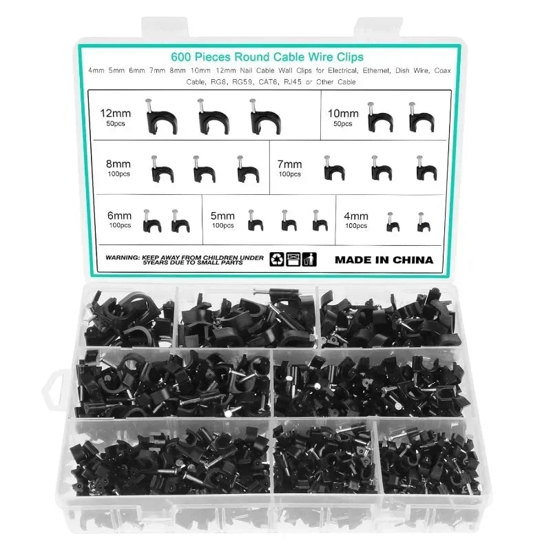 600PCS Cable Wire Clips 4mm to 12mm Electrical Cord Tie Holders for Organizing Cables Plant Climbing and Wall Mounting