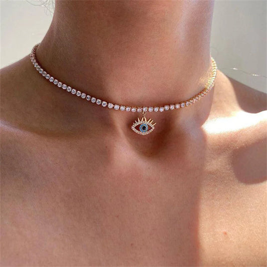 Simple Crystal Chain Eye Pendant Necklace