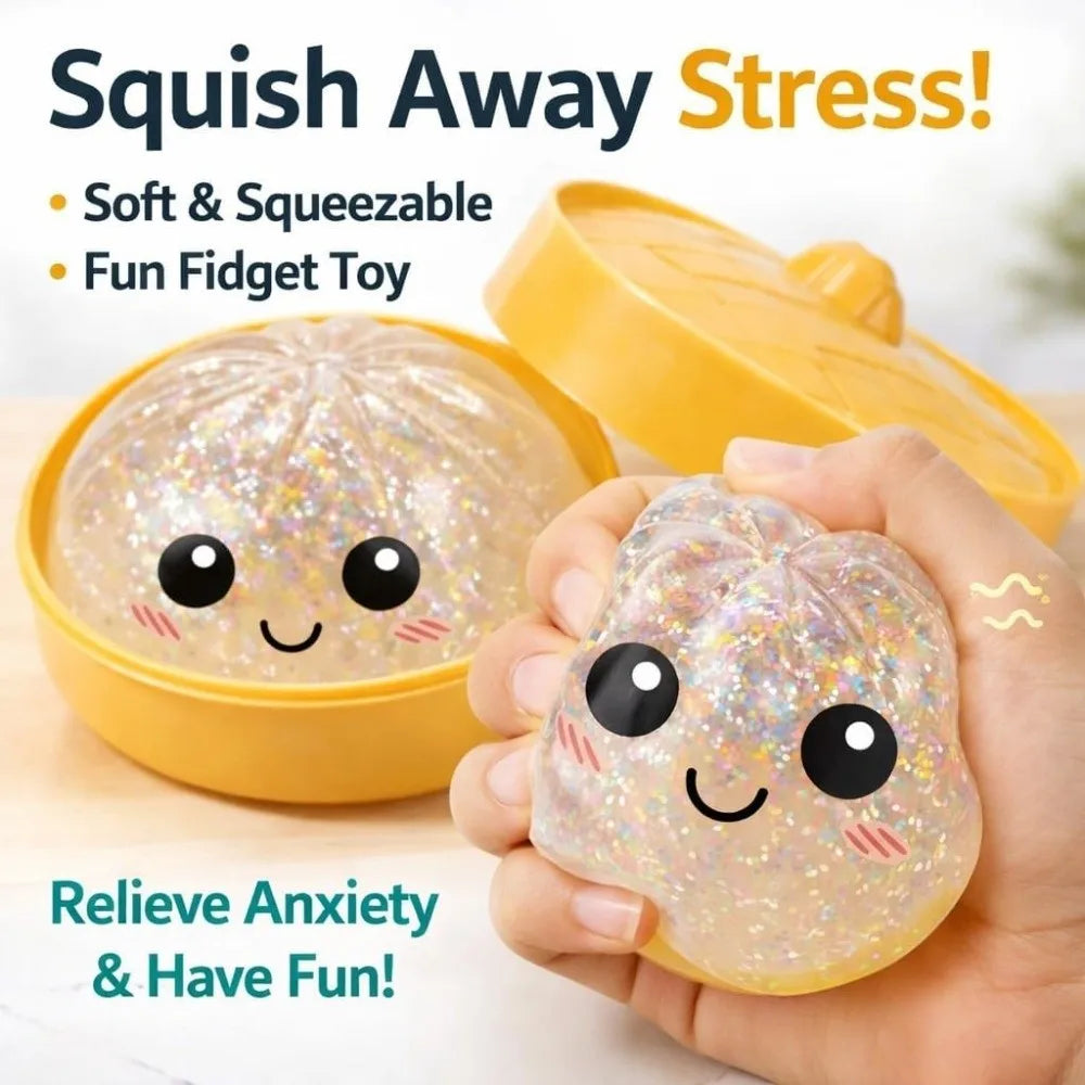 Glitter Dumplings Squishy Toy Soft Slow Resilience Squishy Toy with Steamer Fidget Steamed Stuffed Bun Squishy Pinch Le