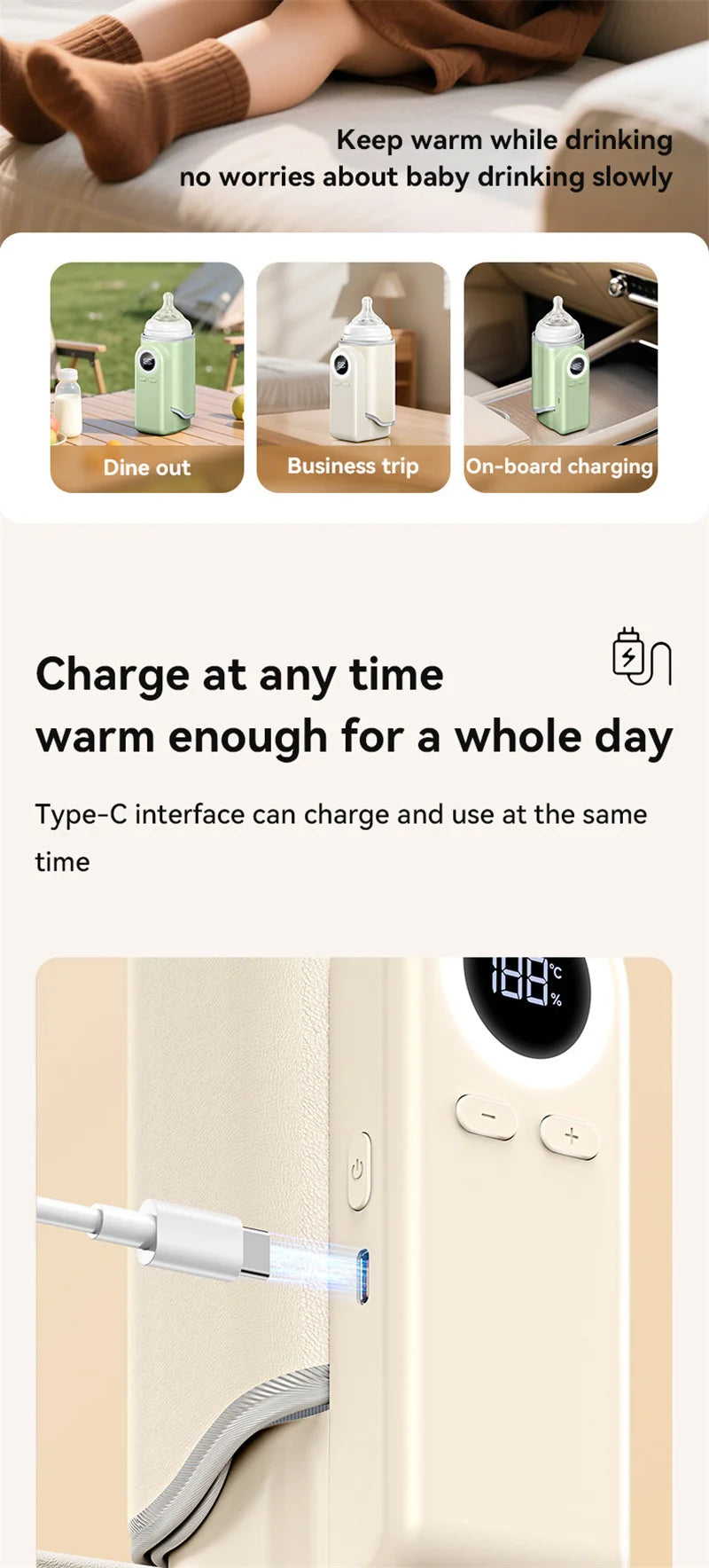 Bottle Warmer 4 in 1 Fast Heating Baby Milk Warmer with Accurate Temperature Display USB Charging Portable Wireless Milk Warming