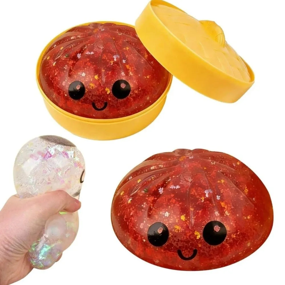 Glitter Dumplings Squishy Toy Soft Slow Resilience Squishy Toy with Steamer Fidget Steamed Stuffed Bun Squishy Pinch Le