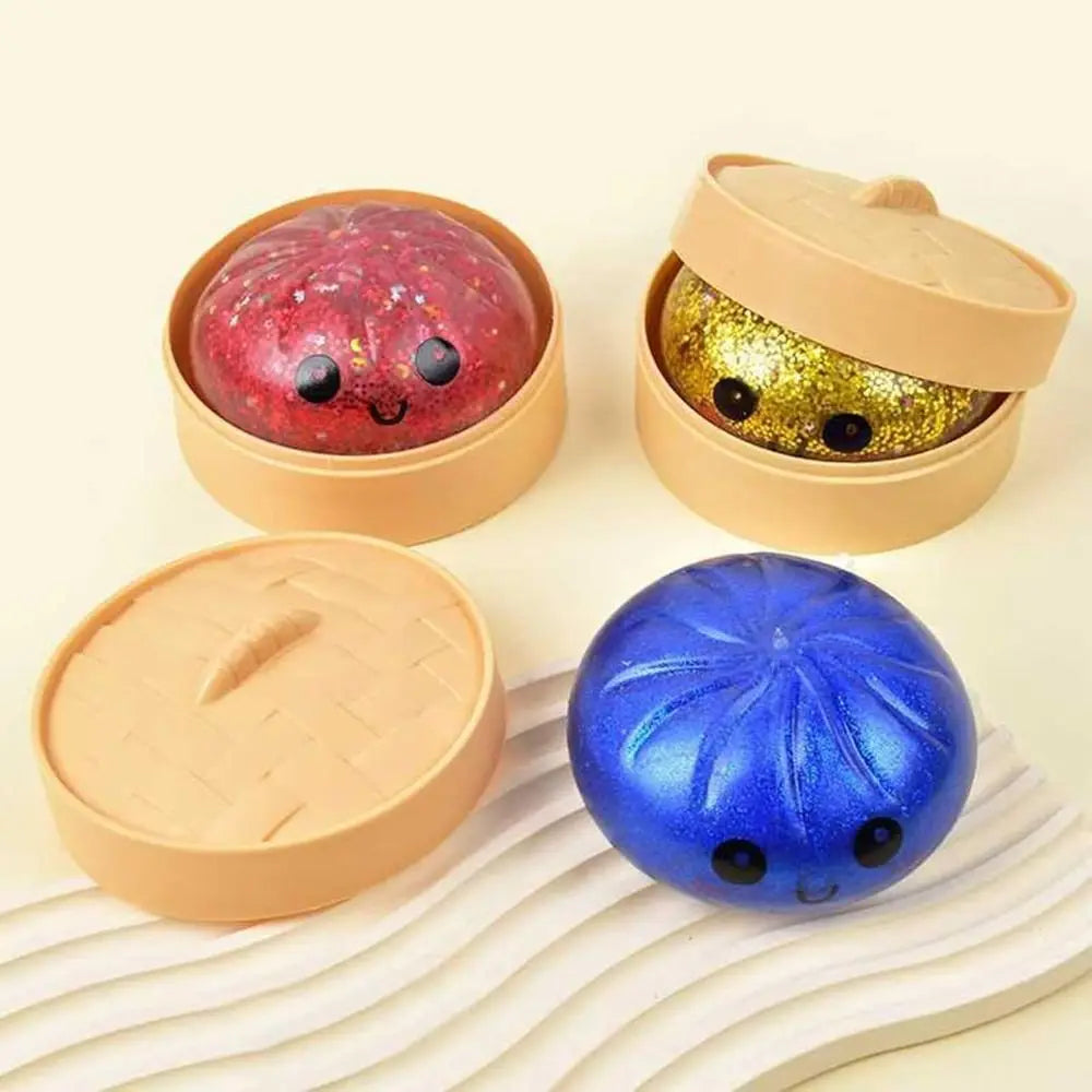 Glitter Dumplings Squishy Toy with Steamer Slow Resilience Squishy Toy Fidget Soft Stress Relief Sensory Ball