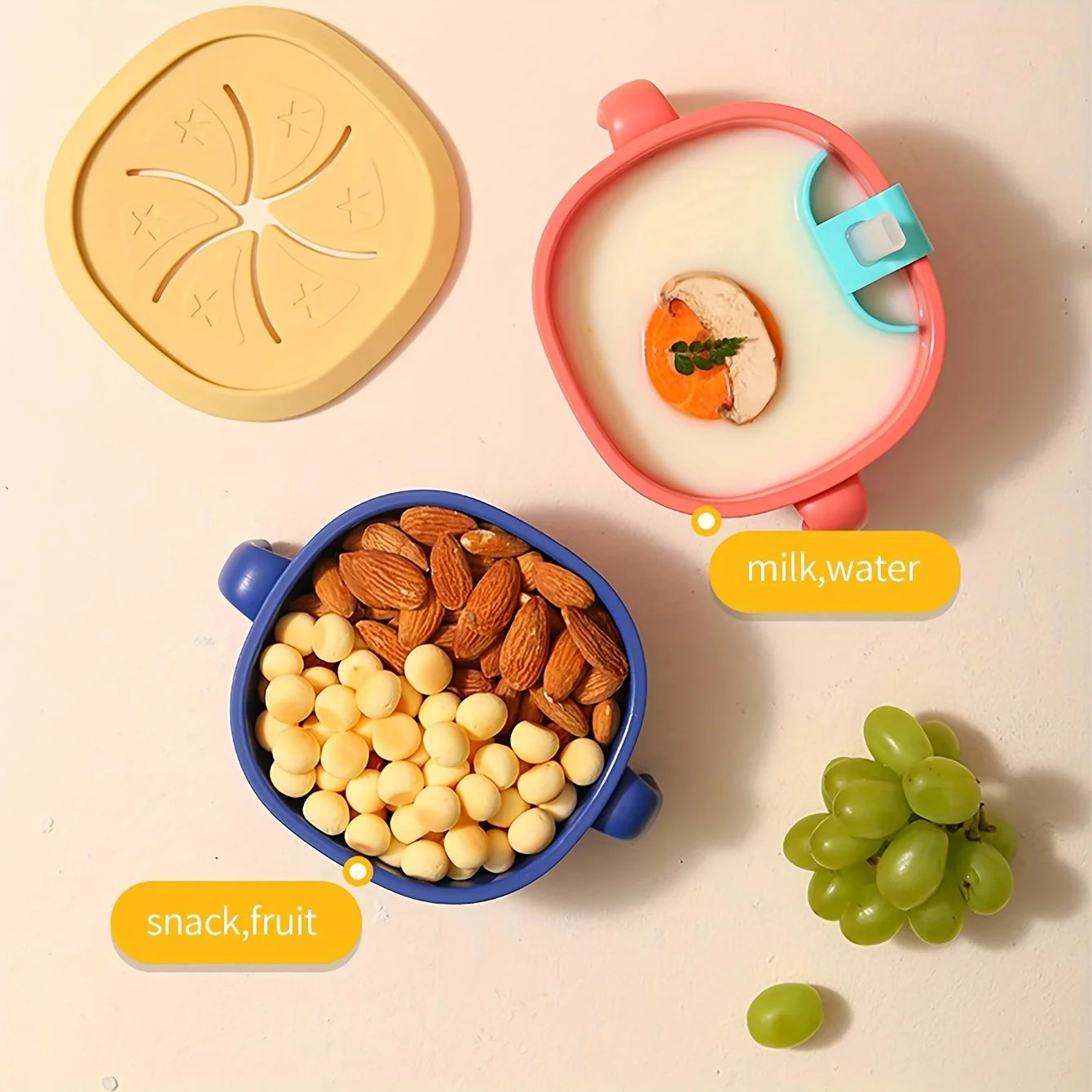 3-in-1 Baby Snack Bowl with Silicone Straw,Cover&Detachable Suction,Kids Soup Bowl with Handle, Portable Handle Cup for Outdoor