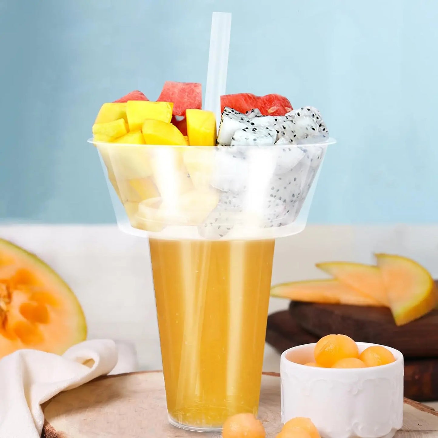 Snack and Drink Cup Set Transparent PP Plastic Cylindrical Snack Bowl with Straws Ideal for Snack, Fruit, Beverage, Outdoor Use