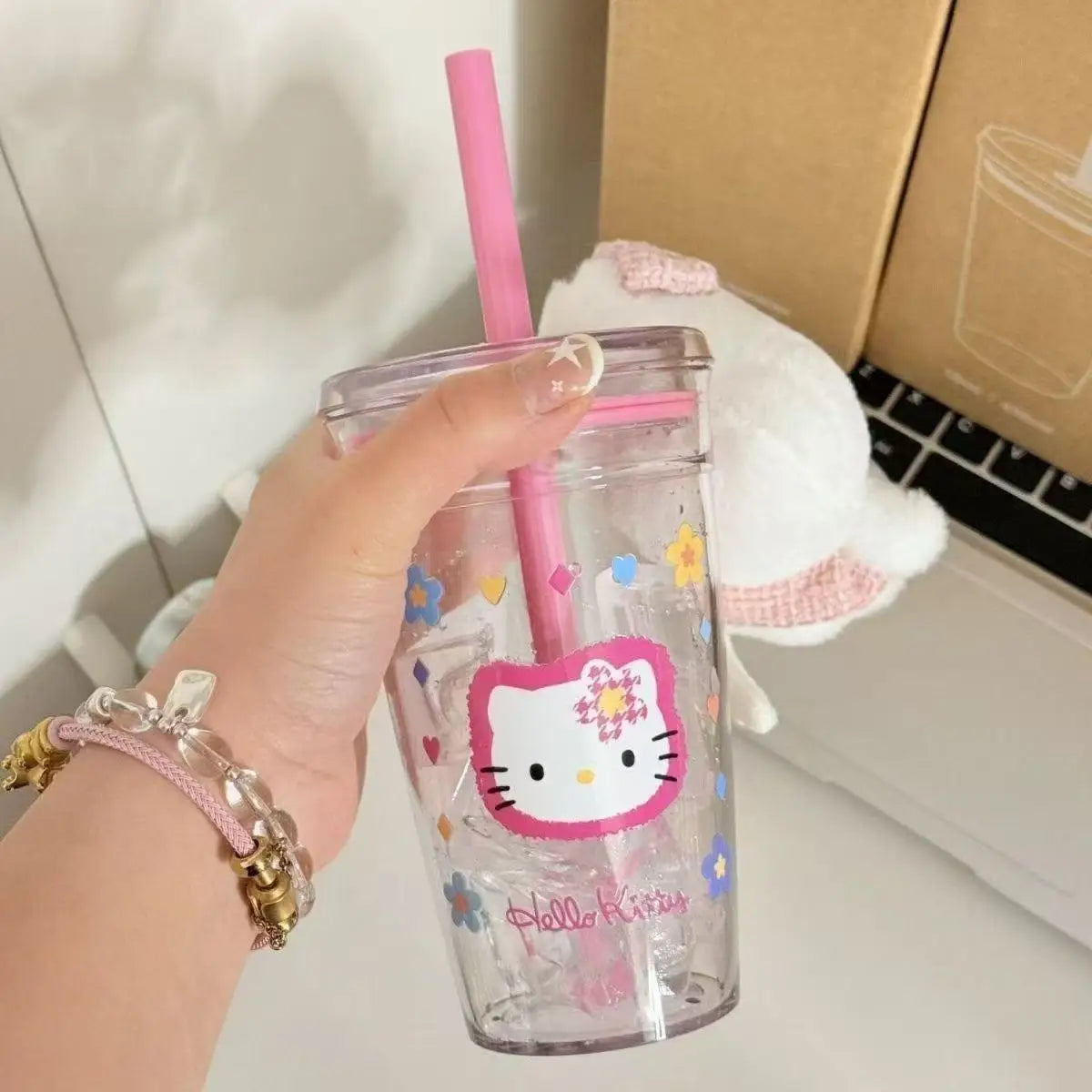 Sanrio Hello Kitty Pink Straw Cup KT Cat Large-Capacity Transparent Plastic Water Cup Plastic Student Portable Cup Birthday Gift