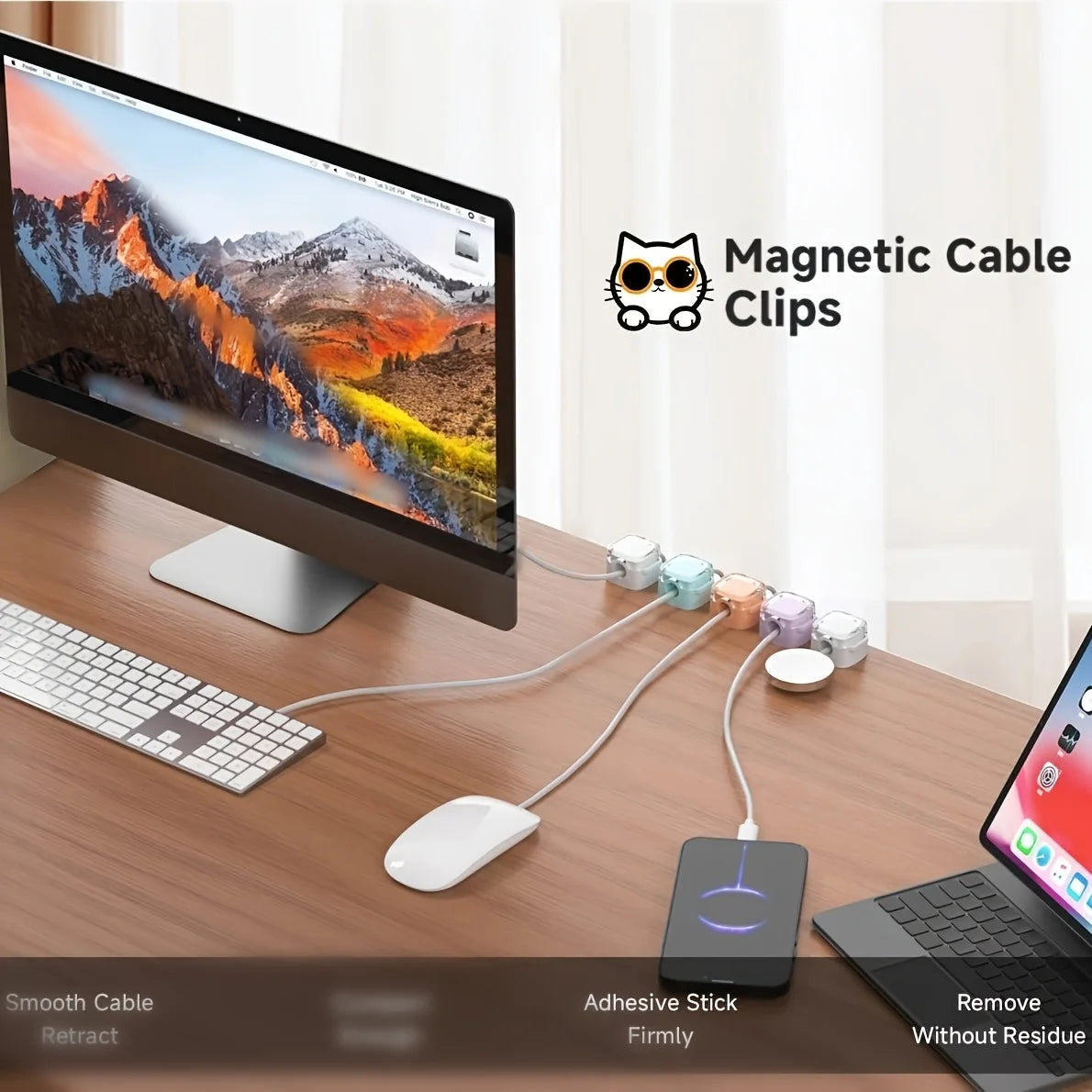[Magnetic Cable Clips] 6-Pack Magnetic Cable Clips | Adjustable Adhesive Cord Holders, Strong Magnetic & Adhesive Base