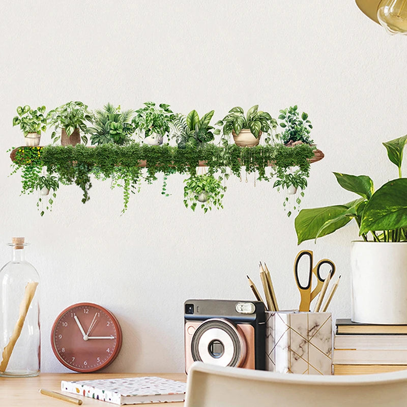 Green Plant Decor Courtyard Wall Decals Green Dill Leaves Hanging Basket Wall Stickers Bedroom Living Room Wall Beautification