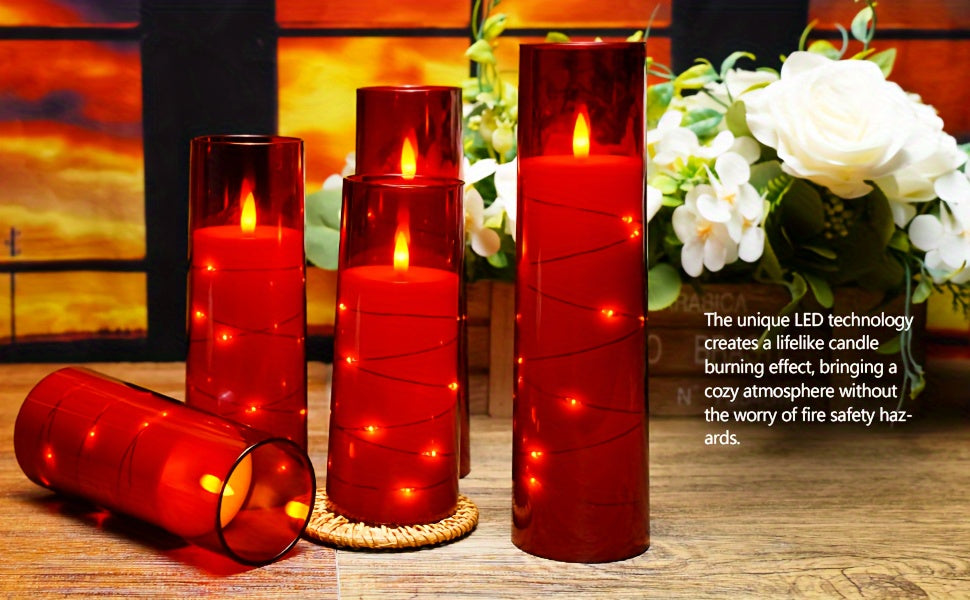 Flameless Candle Battery Powered, 5 Acrylic Flashing LED Candles With Remote Control, Flameless Column Candle With Recessed Star String, Home Decor Halloween Christmas Ambiance Wedding Décor