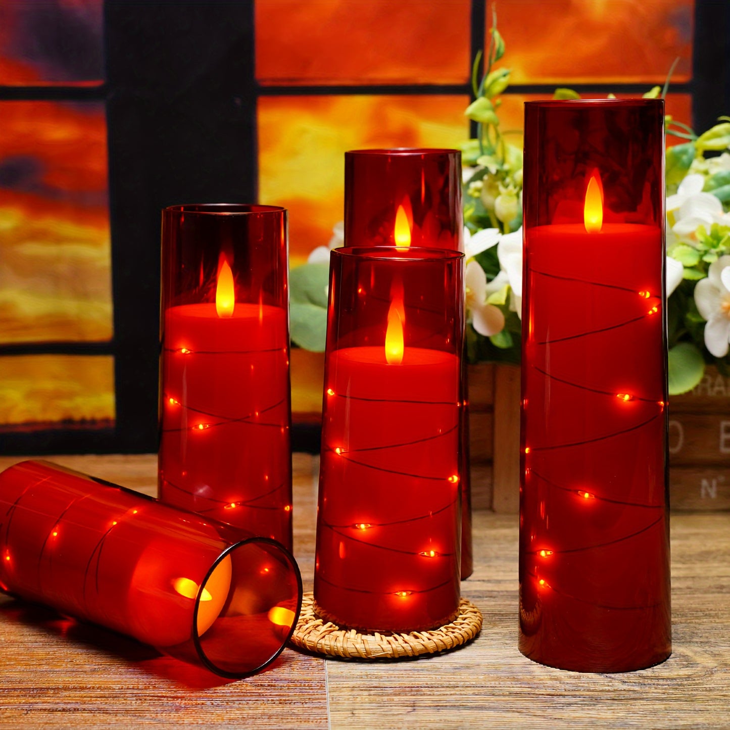 Flameless Candle Battery Powered, 5 Acrylic Flashing LED Candles With Remote Control, Flameless Column Candle With Recessed Star String, Home Decor Halloween Christmas Ambiance Wedding Décor