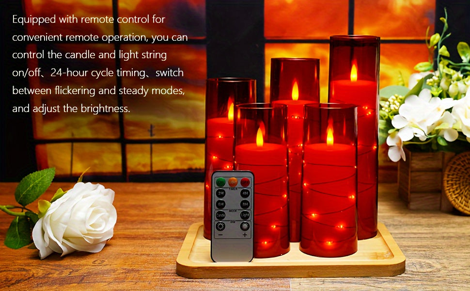 Flameless Candle Battery Powered, 5 Acrylic Flashing LED Candles With Remote Control, Flameless Column Candle With Recessed Star String, Home Decor Halloween Christmas Ambiance Wedding Décor