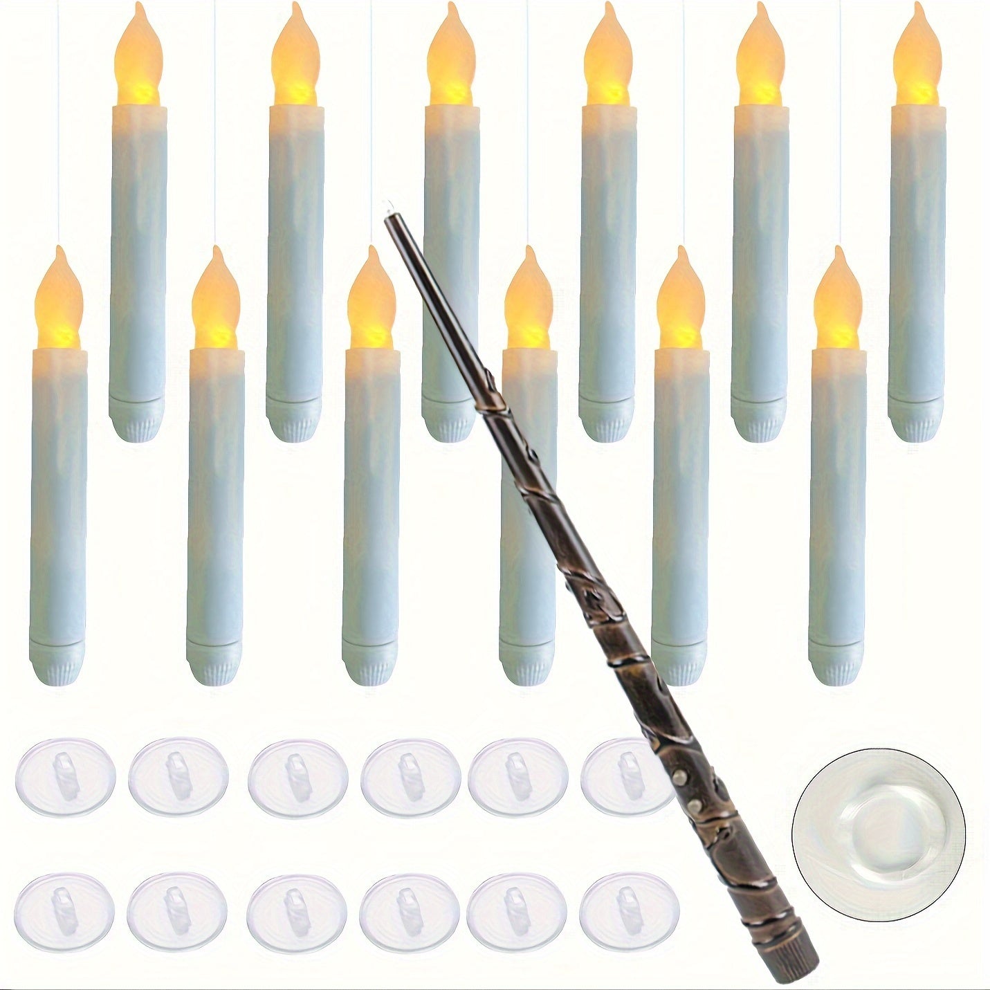 12pcs Floating Candles, Harry Wand-Inspired Remote-Controlled LED Lights, Plastic Taper Candles For Proposals, Birthdays, Party Ceiling Decor, Halloween-Themed Room Ambiance