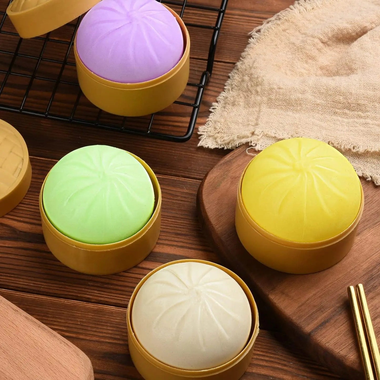 Colorful Dumpling Squishes Stress Balls Fidget Sensory Toys Simulation Food Squishies Bun with Steamer Squeeze Dough Ball Gifts - PureShop
