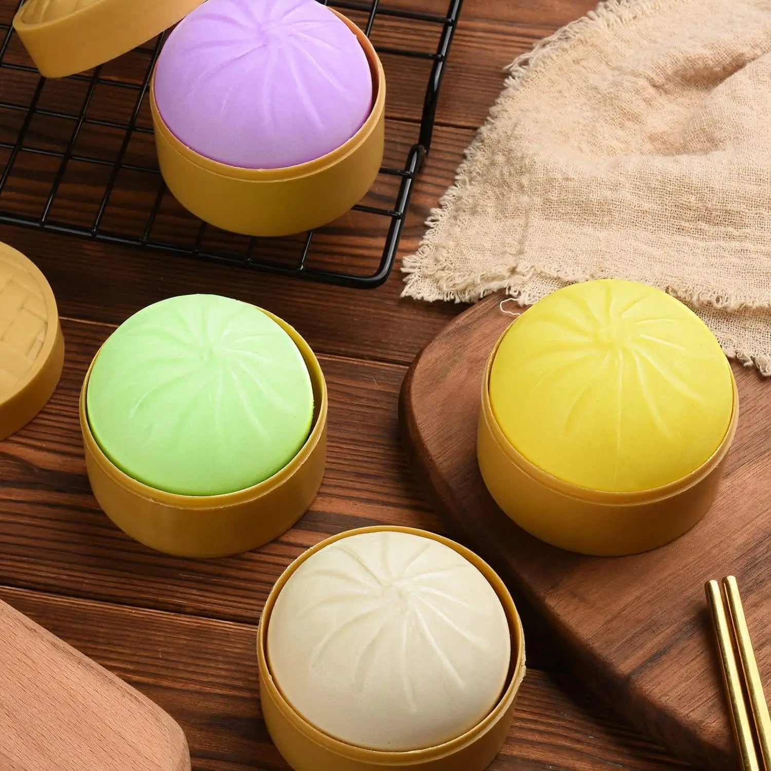 Colorful Dumpling Squishes Stress Balls Fidget Sensory Toys Simulation Food Squishies Bun with Steamer Squeeze Dough Ball Gifts - PureShop