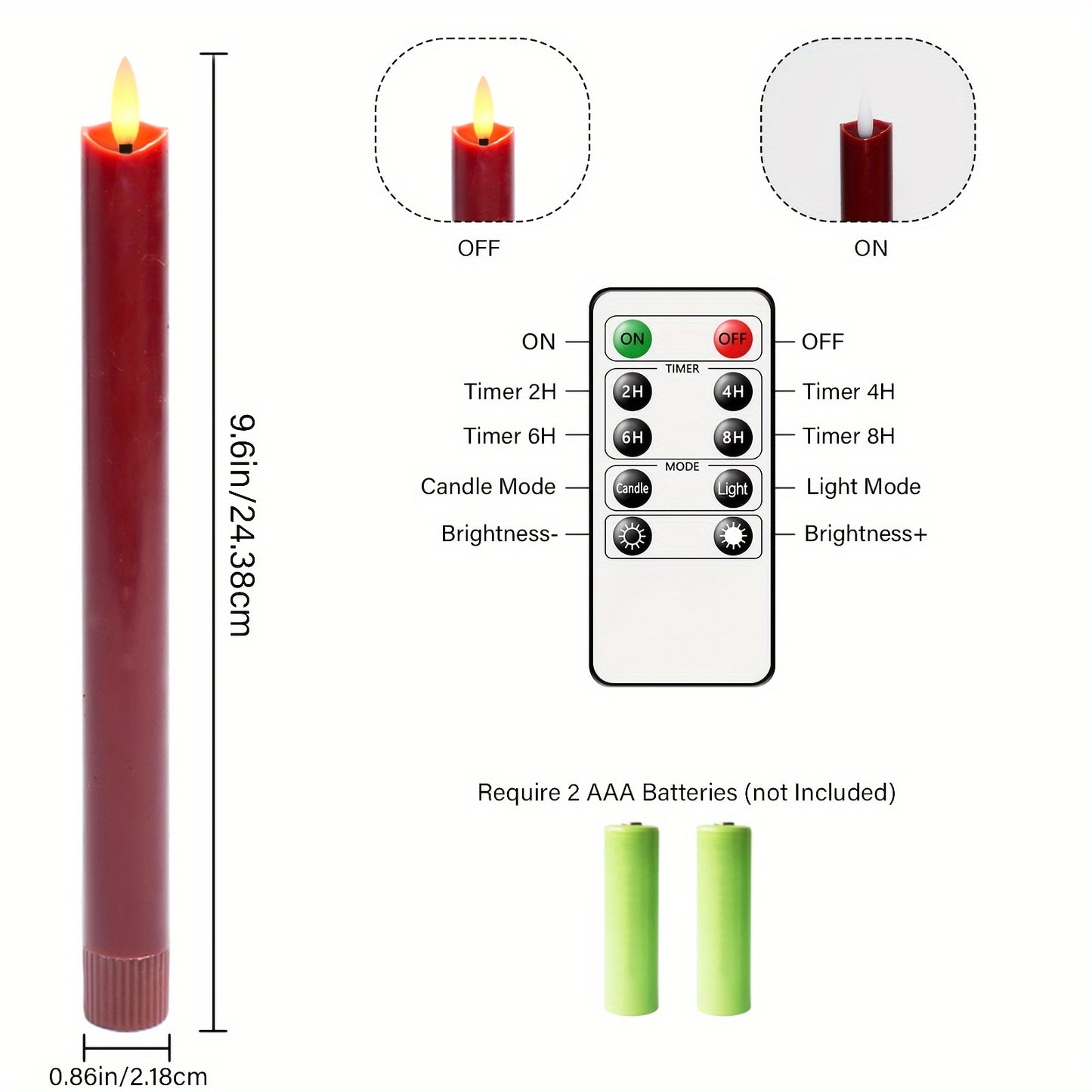 2/3/6pcs Red Real Wax Flameless Cone Candles, 9.6" 3D Wick Led Battery Operated Candle with Remote Control for Restaurant Table and Wedding Christmas Halloween Decoration