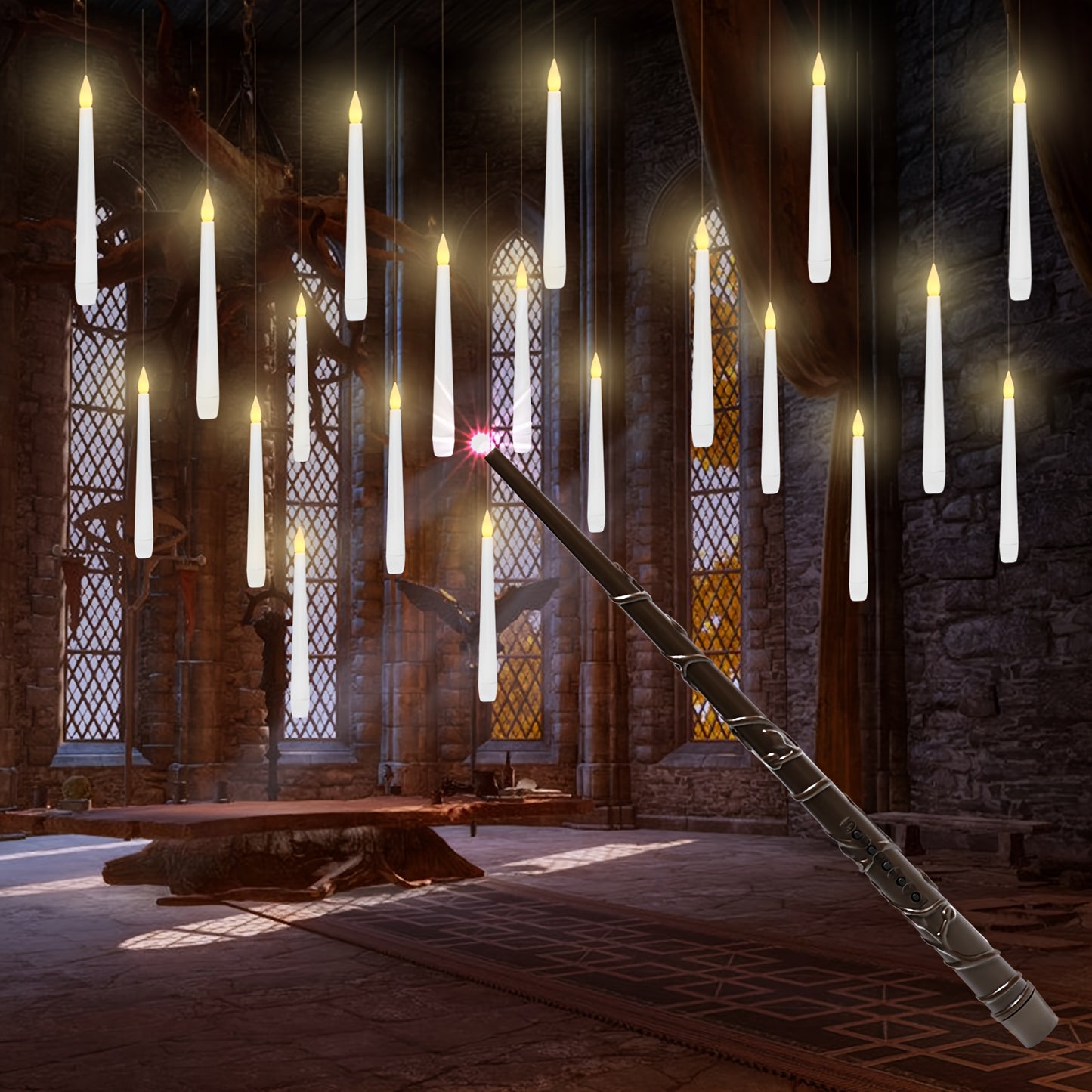 12pcs/20pcs Flameless Taper Floating Candles With Magic Wand Remote Timer, Battery Operated Hanging Window Candles Flickering, 6.7" LED Electric Candles For Dormitory Decor