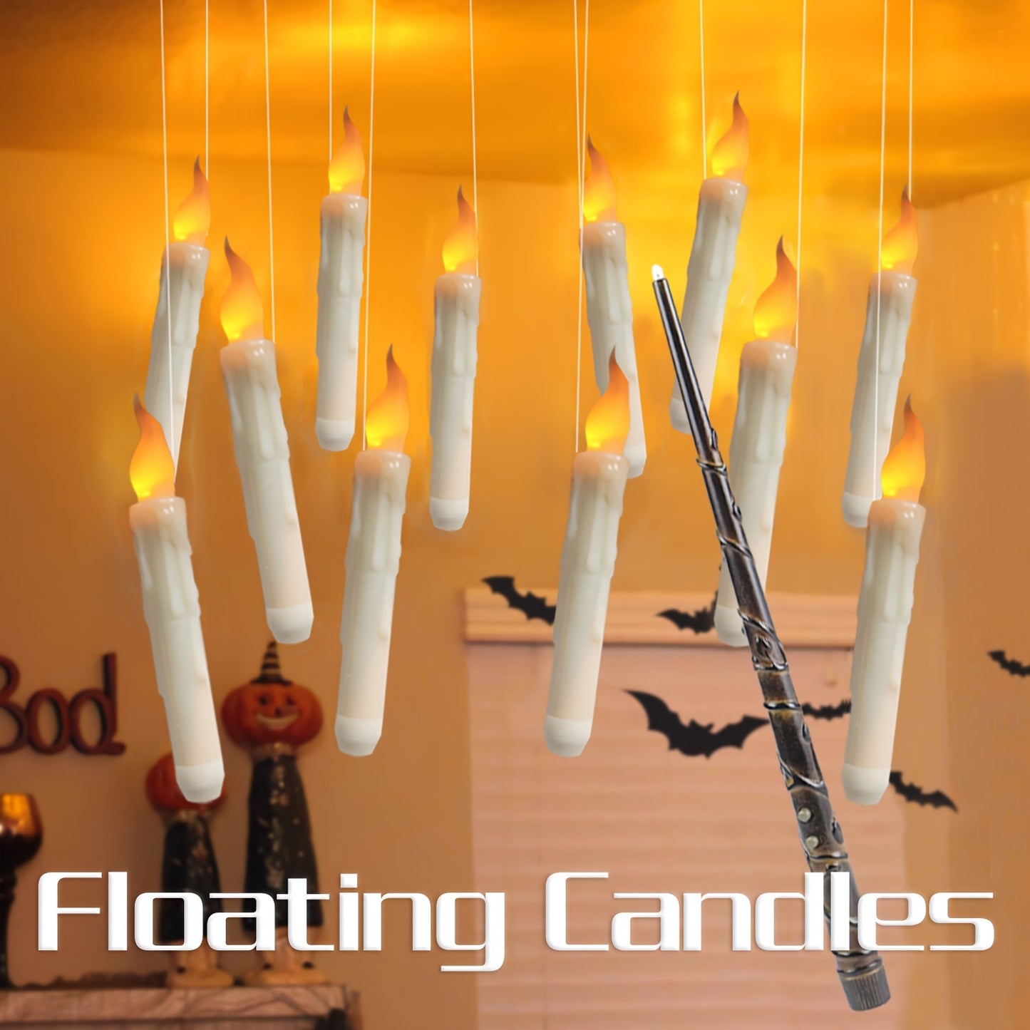 12pcs Floating Candles, Harry Wand-Inspired Remote-Controlled LED Lights, Plastic Taper Candles For Proposals, Birthdays, Party Ceiling Decor, Halloween-Themed Room Ambiance