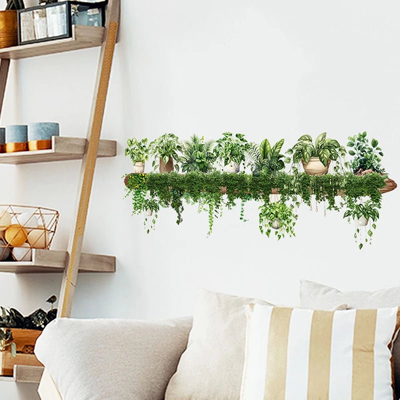 Green Dill Leaves Hanging Basket Wall Stickers Bedroom Living Room Wall Beautification Green Plant Decor Courtyard Wall Decals - PureShop