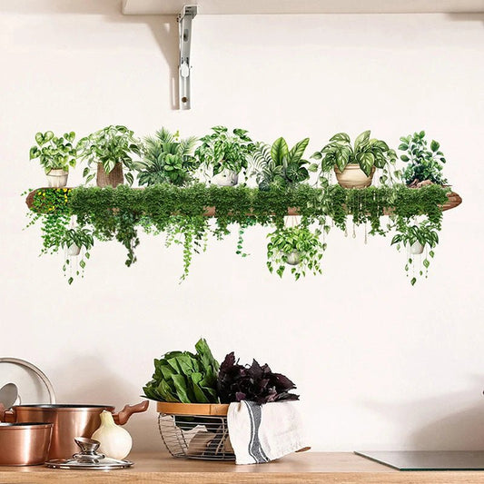 Green Dill Leaves Hanging Basket Wall Stickers Bedroom Living Room Wall Beautification Green Plant Decor Courtyard Wall Decals - PureShop