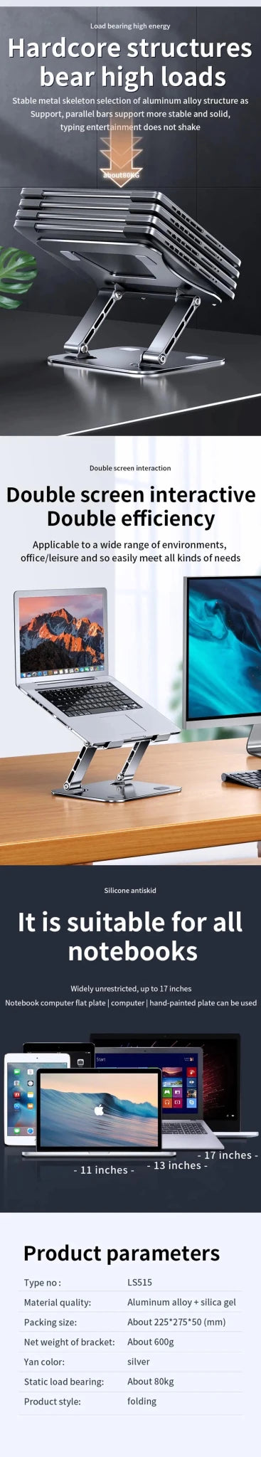 Adjustable Aluminum Laptop Stand Holder E-Brands Up to 17" Tablet Cooling Bracket - PureShop